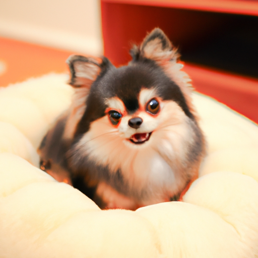 1. תמונה של כלב קטן השוכן בשמחה במיטה הרכה.