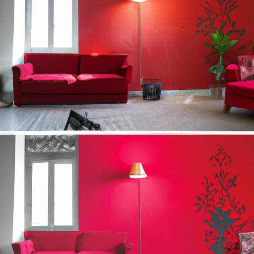 1. תמונת לפני ואחרי של חדר, מציגה קיר רגיל והשינוי לאחר הנחת מדבקת קיר תוססת